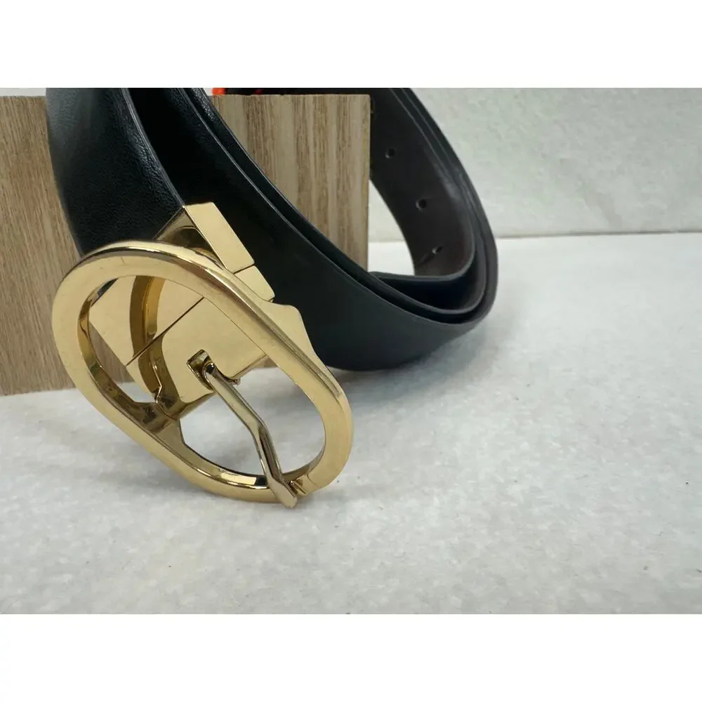 Black Leather Women's 49 inches Gold Oval Buckle Belt Preppy Classic Heritage